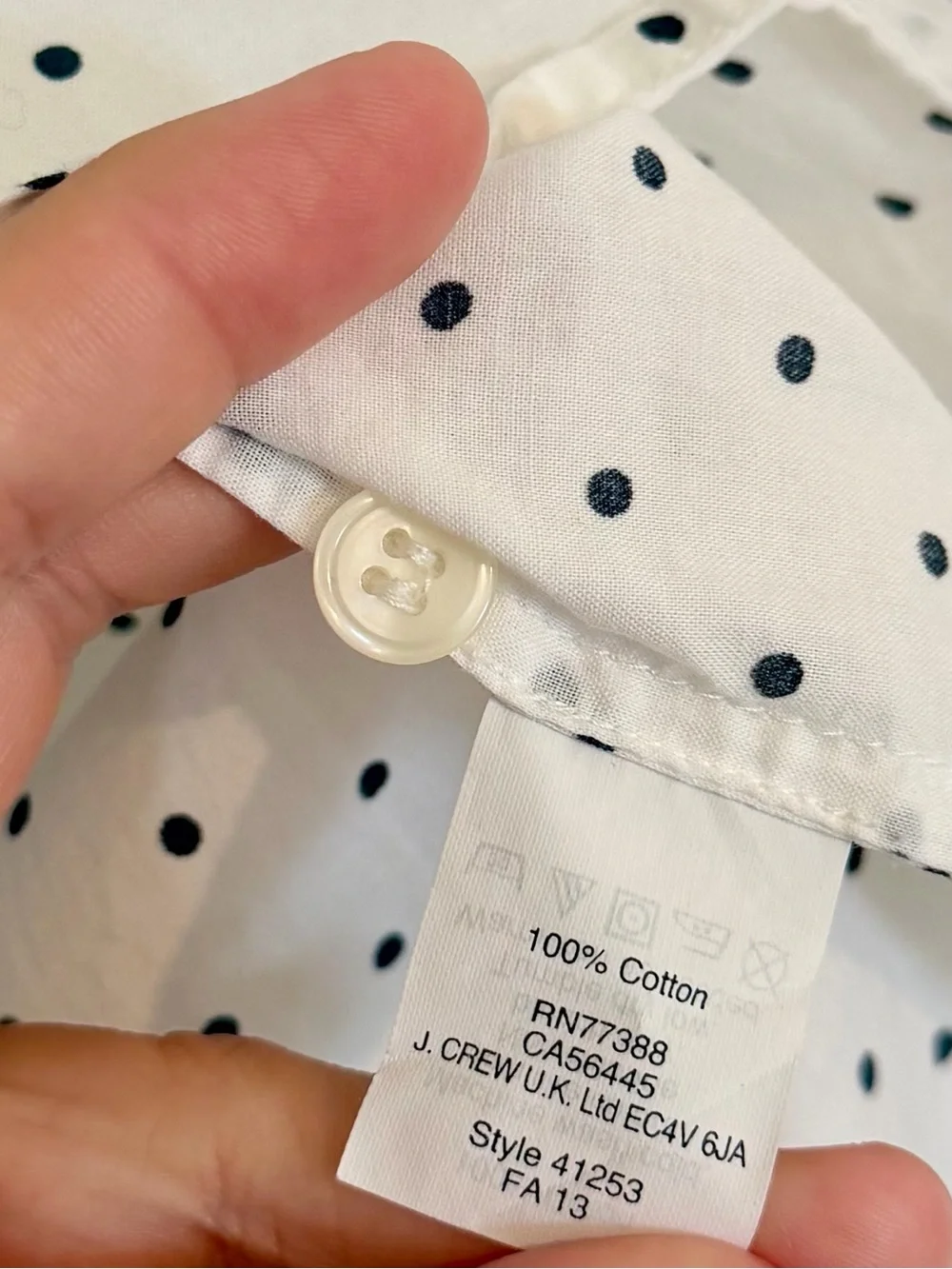 J.Crew White Button Henley Blouse with Black Polka Dots - Size: XXS